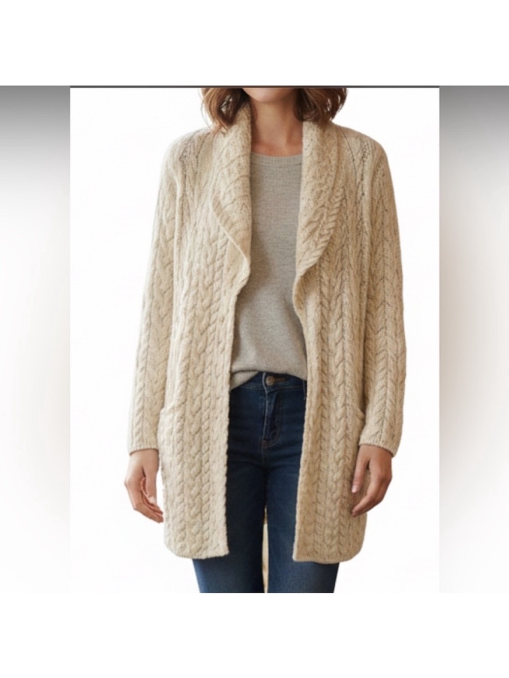 Irelands Eye 100% Virgin Wool Cable Knit  Long Cardigan Size Small Open Front